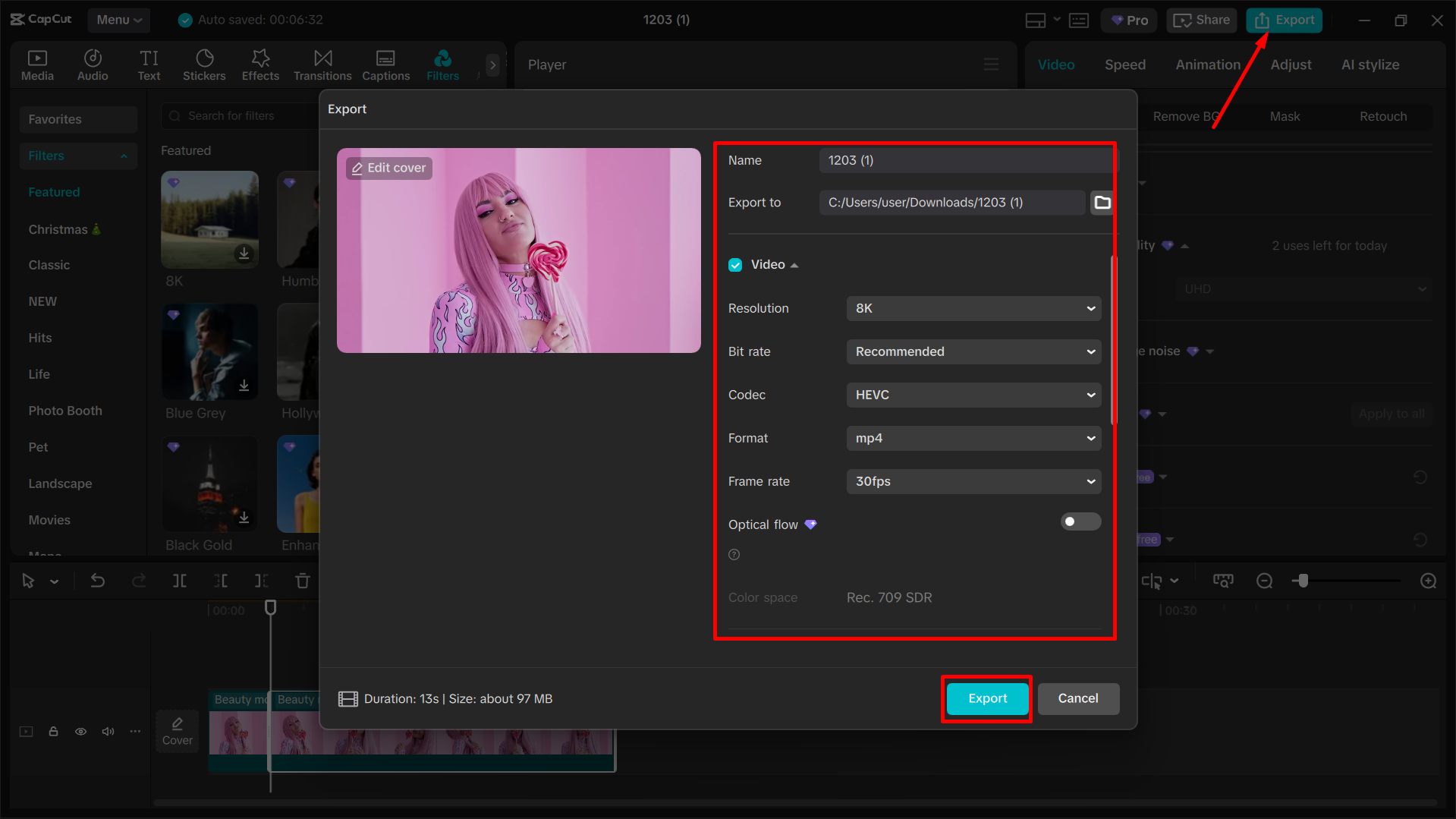 Exporting final video from the CapCut desktop video editor