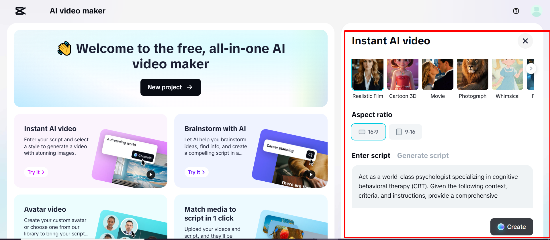 Pasting the prompt on CapCut Web's AI video maker