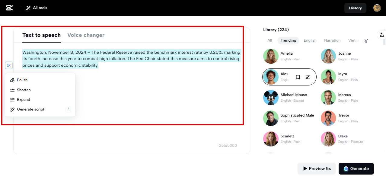 Hochladen von Text in das TTS-Tool in CapCut Web