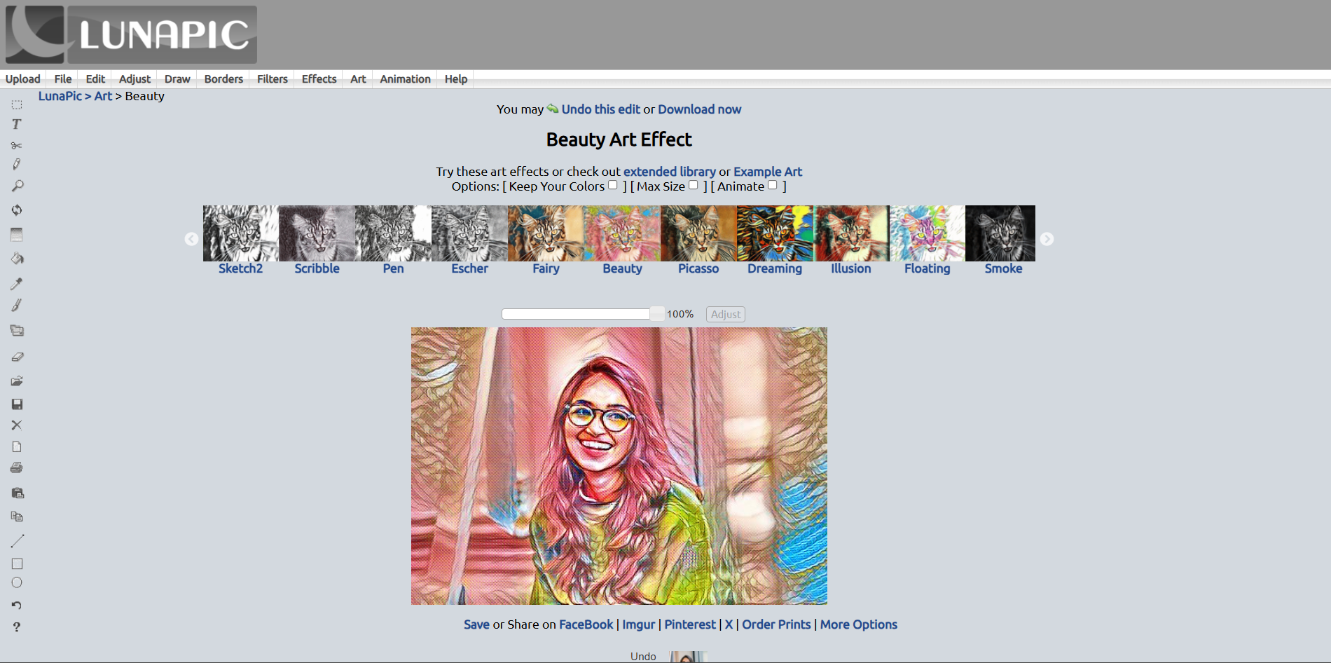 Interfaz de Lunapic - un valioso editor de fotos de belleza