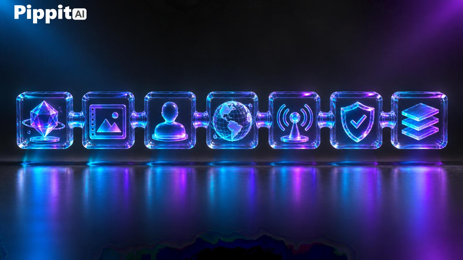 Neon icons in connected glass blocks for AI, image, user, globe, broadcast, security, and layers