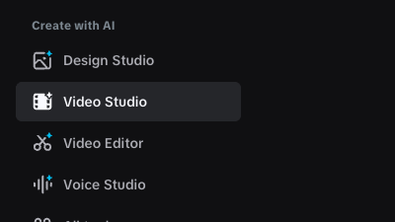 CapCut workspace navigation showing the Video Studio creation route