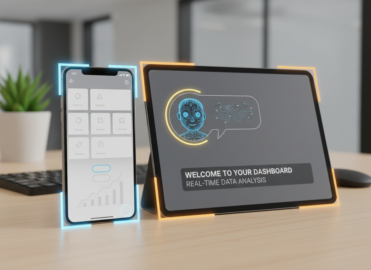 AI avatar commentary on an app feature walkthrough; smartphone UI with cards and graphs, highlighted taps, and readable subtitles.