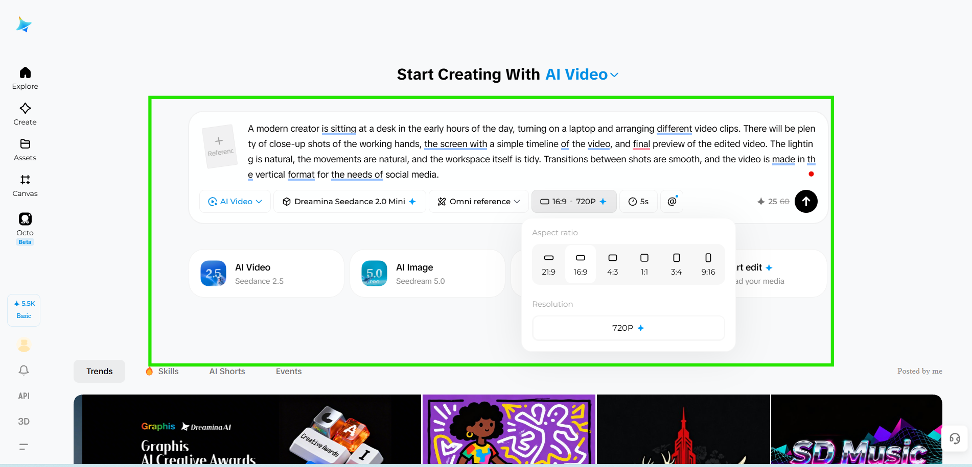 Selezione delle impostazioni di generazione video in Dreamina e generazione