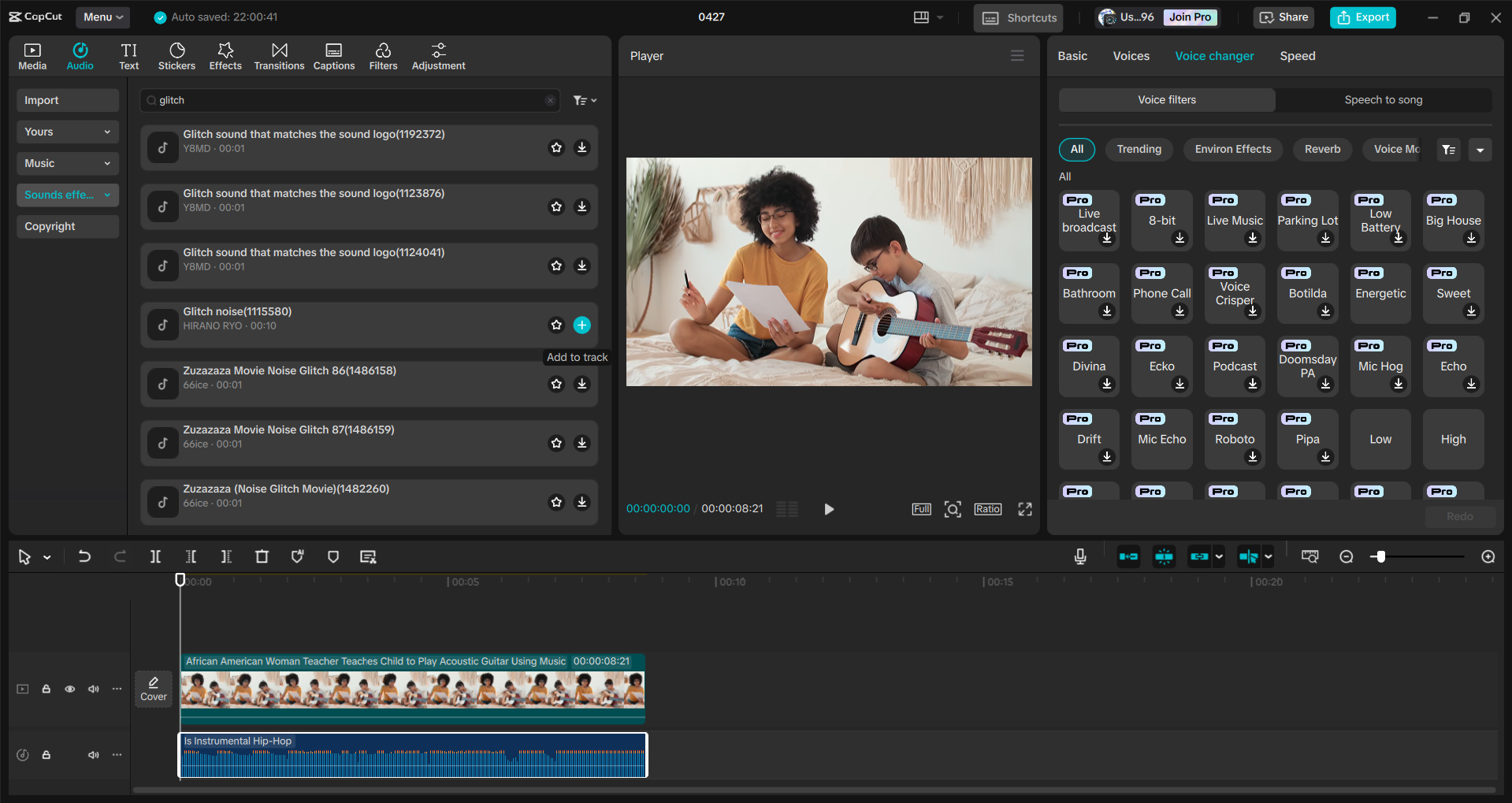 Interface of the CapCut desktop video editor - an easy way to add glitch sound effects to videos