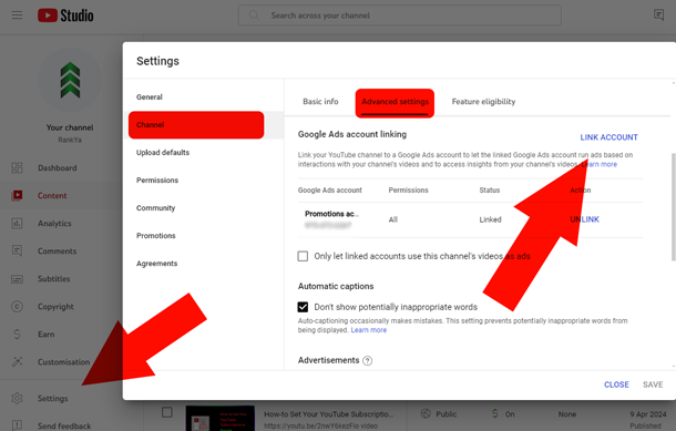 YouTube 채널을 Google 광고 계정에 연결