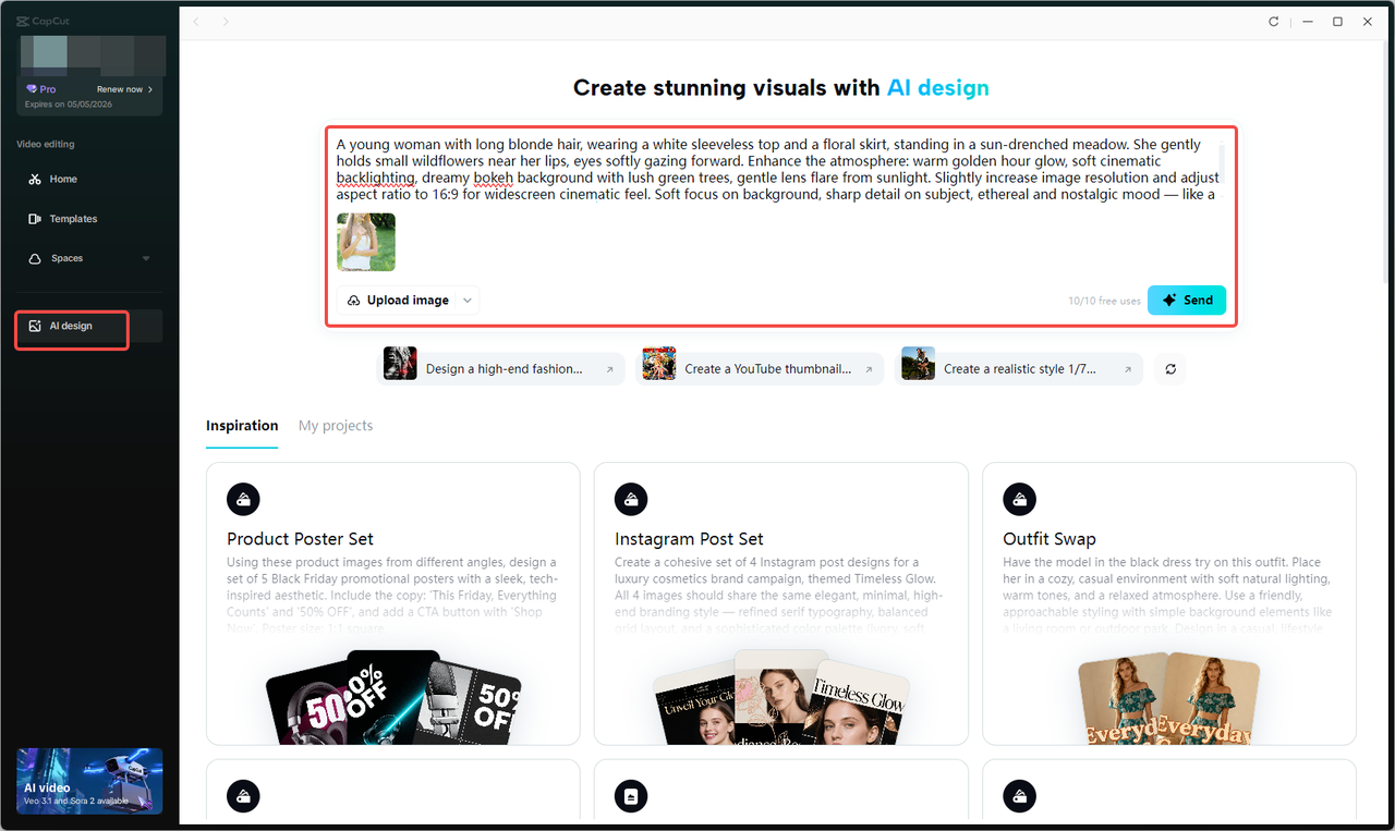 Upload image or write prompt in AI design