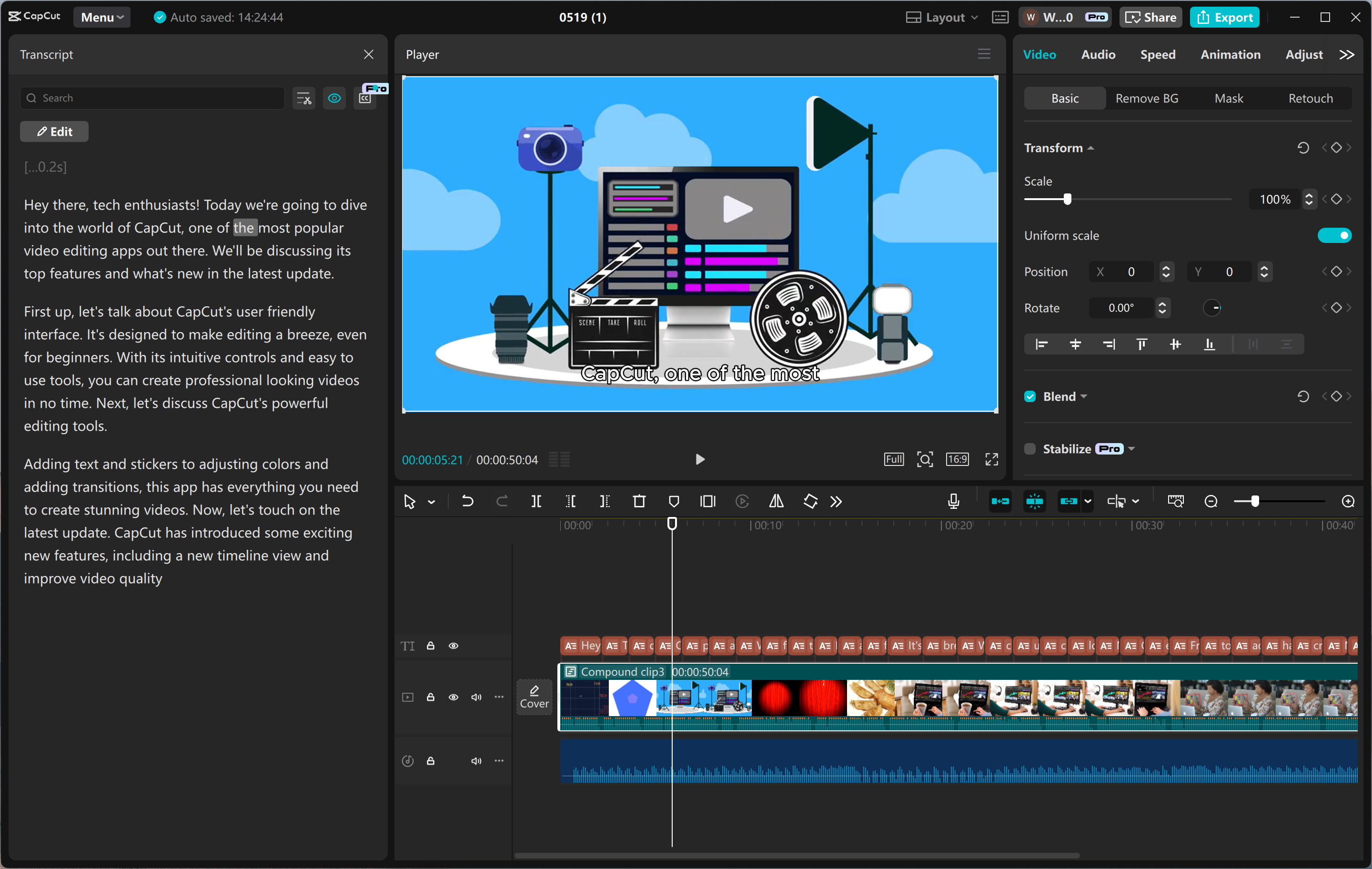 Interface of the CapCut desktop video editor - an easy way to transcribe YouTube videos