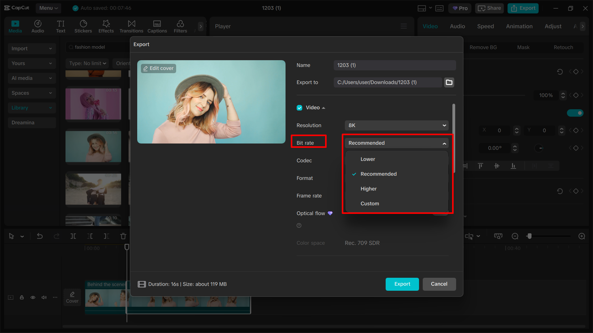 Adjust the bitrate of the video