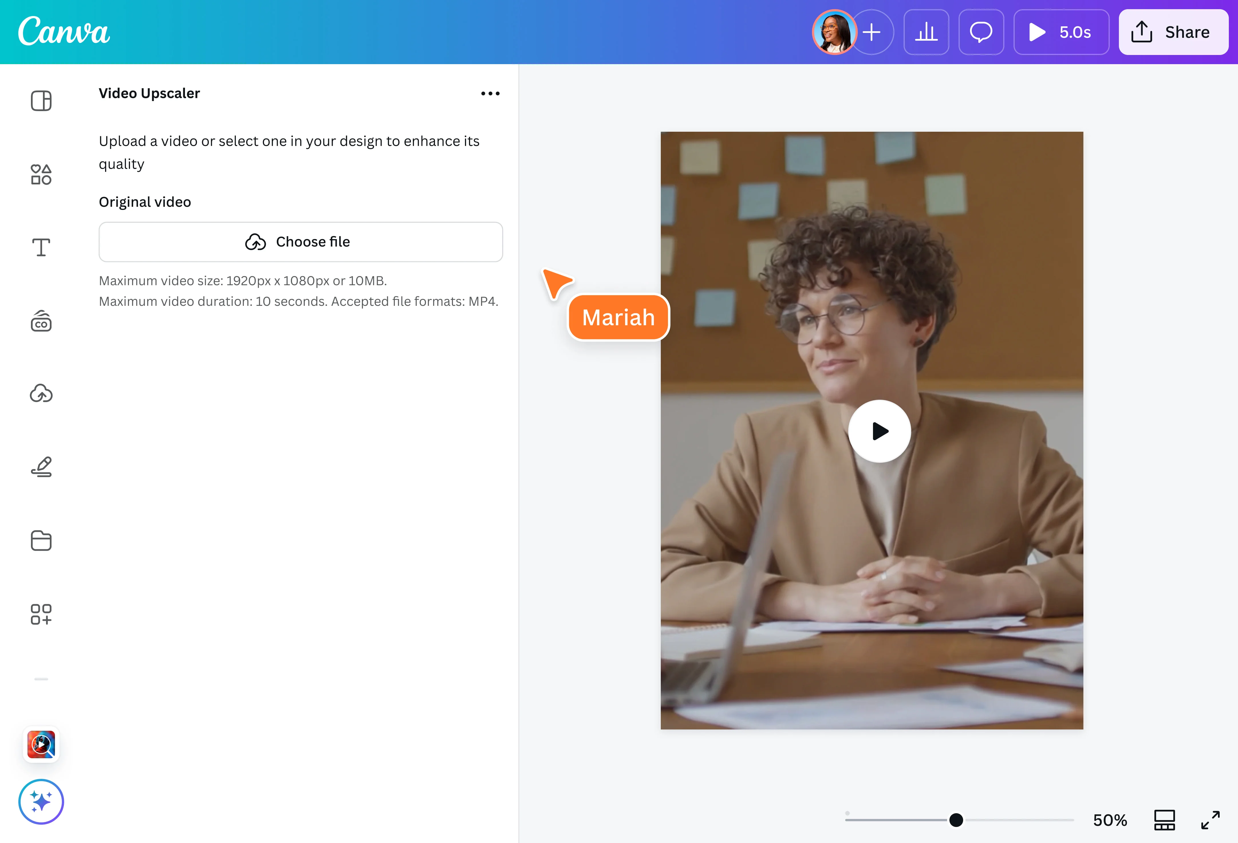 Interface of Canva - an online AI video upscaler