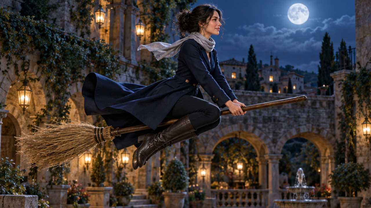 Premium cinematic 16:9 illustrative keyframe of an original adult woman in a midnight-blue fitted travel coat and short silver scarf riding a recognizable wooden straw broom in a moonlit stone courtyard, balanced side-on hover with clear handle and bristles, warm hanging lanterns.