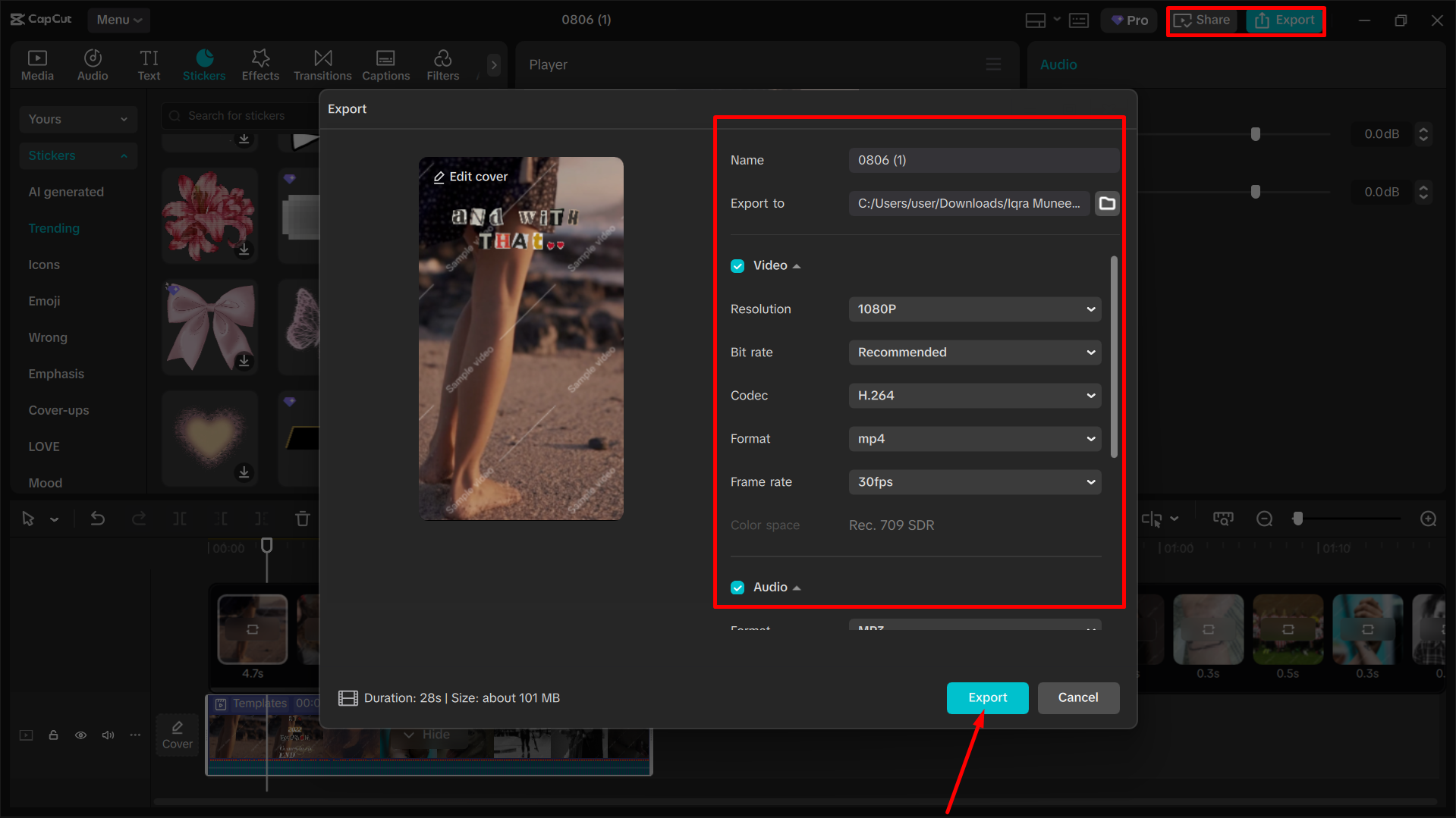 Exporting the final video from the CapCut desktop video editor