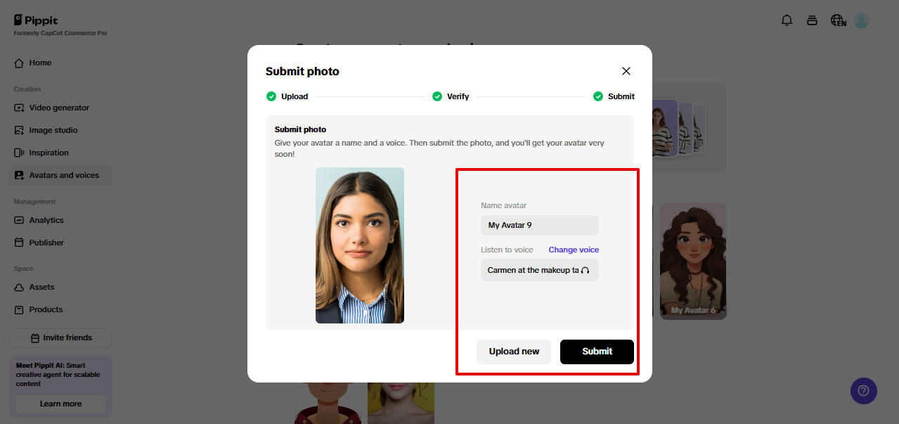 Creating photo avatar in Pippit