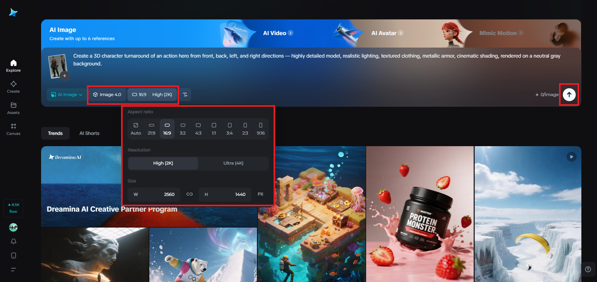 Select model, aspect ratio, and resolution settings
