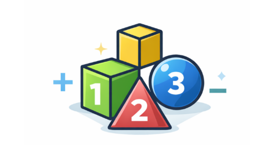 Logo educație matematică cu forme și numere geometrice