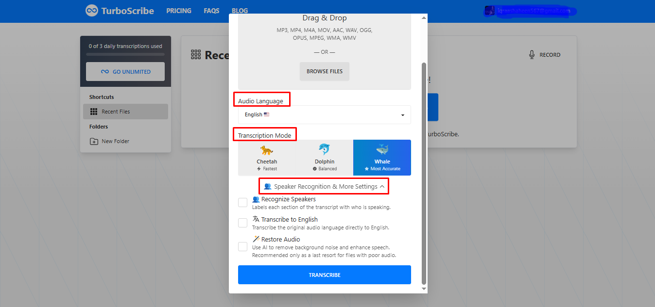 Procedi per creare facilmente una trascrizione in Turboscribe