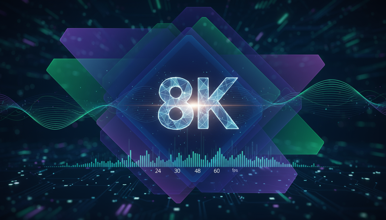 An abstract graphic representing high-quality video export settings, with icons for 8K resolution, bitrate, and frame rate.