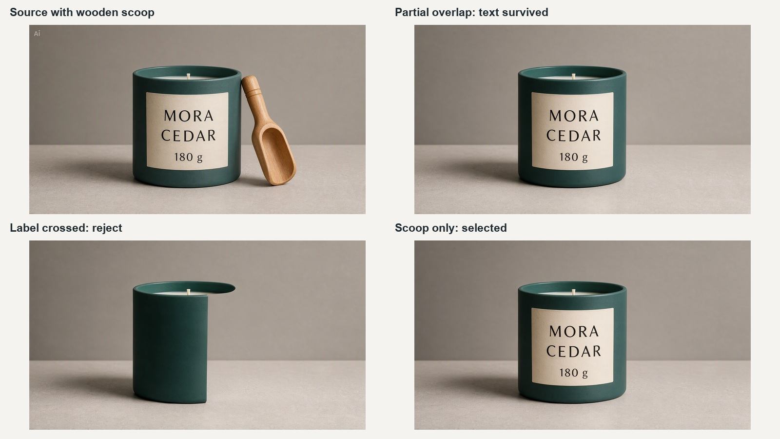 A two-by-two comparison shows the source, a partial overlap edit, the rejected broad edit, and the selected narrow edit.