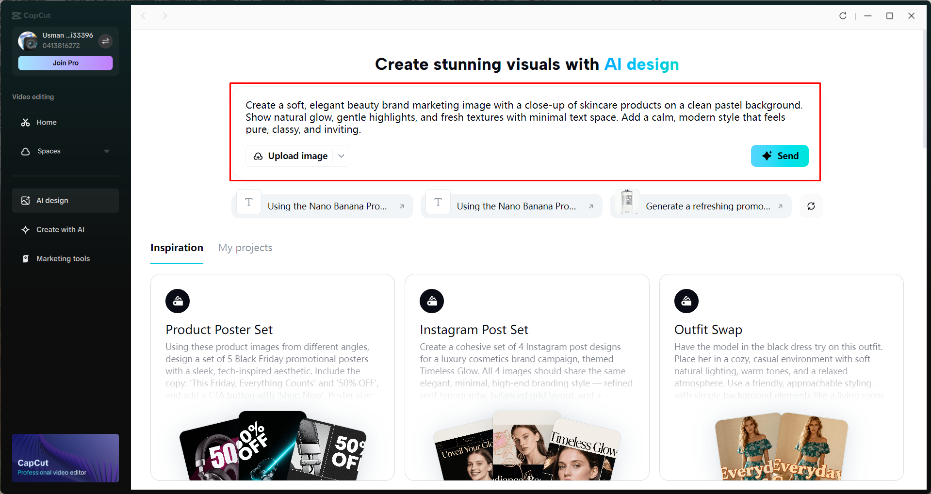 Opening the AI design tool in the CapCut desktop video editor