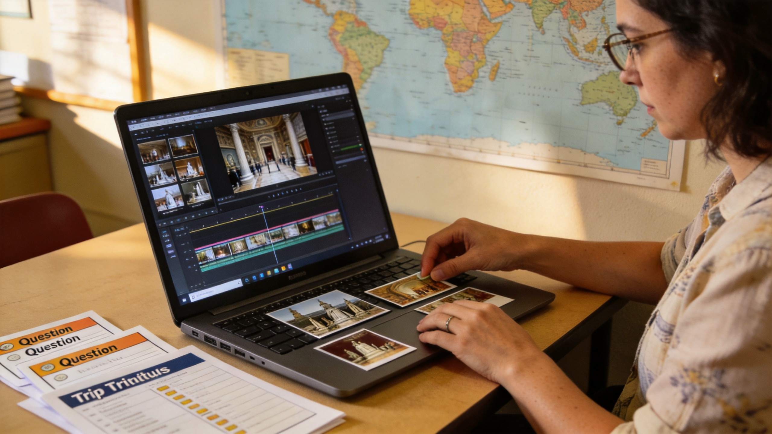 Woman edits a virtual field trip slideshow on a laptop with printed photos on the desk