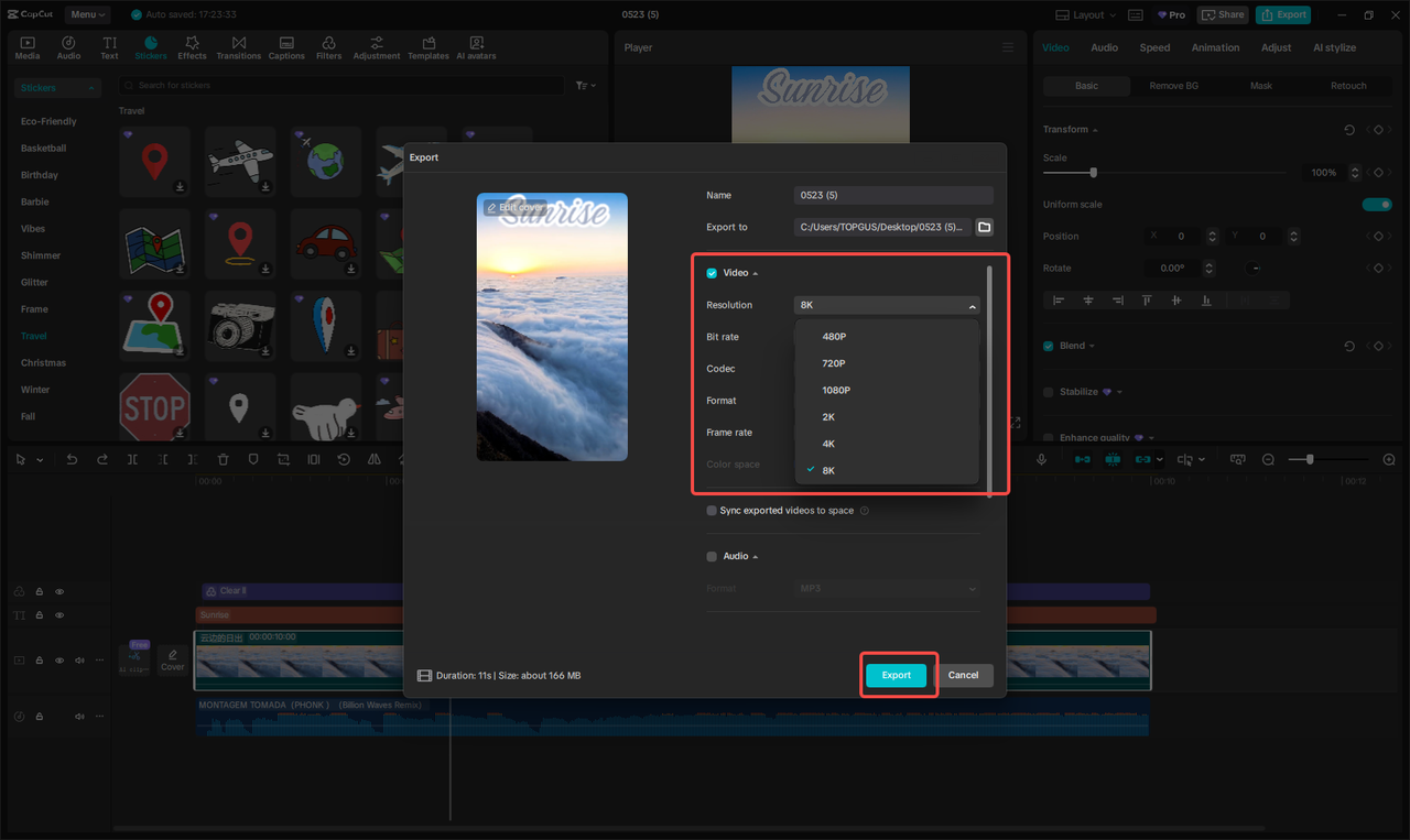 Export the video for Instagram