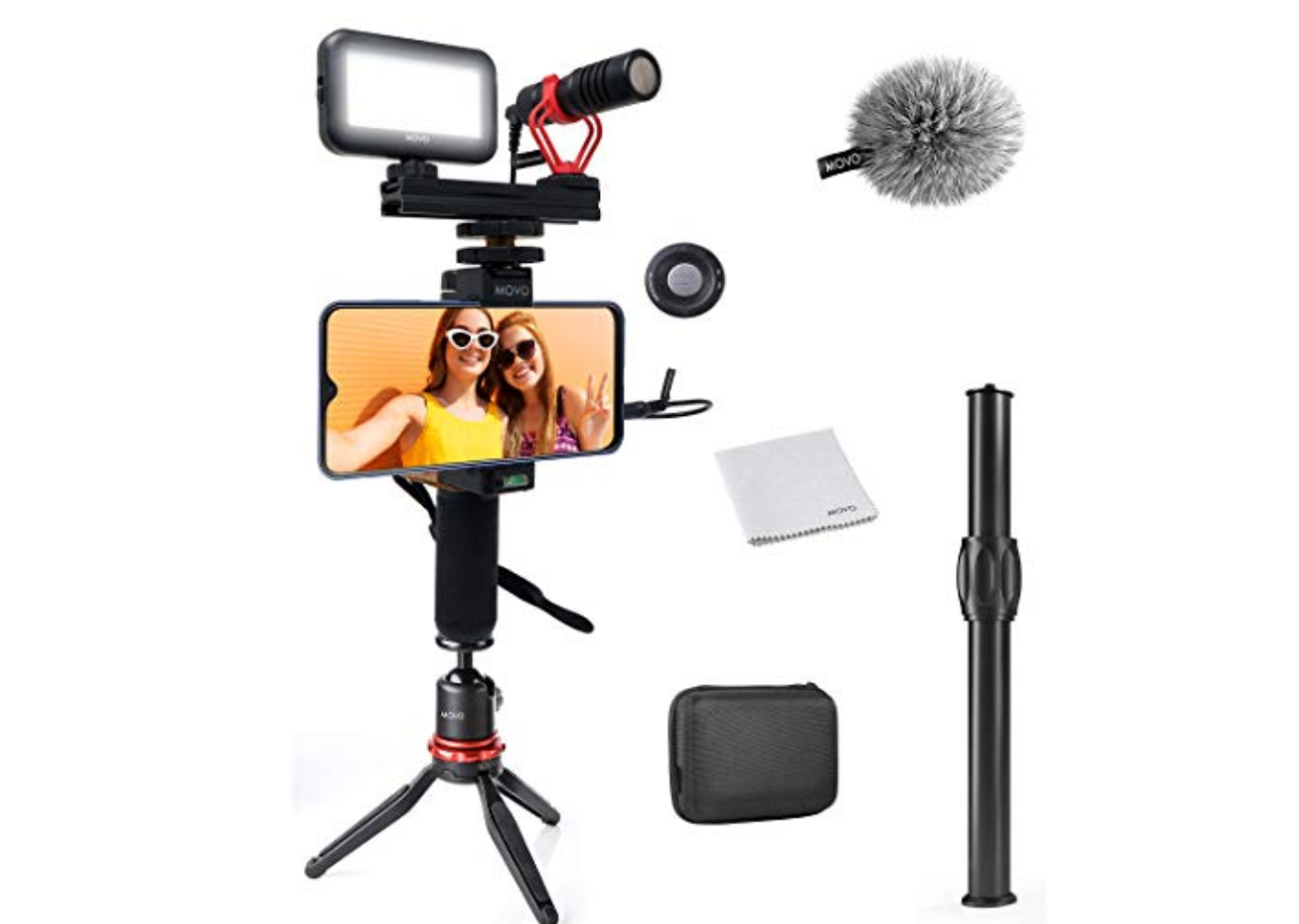 Grundlegendes Vlogging-Zubehör, einschließlich Telefon, Mikrofon und Stativ