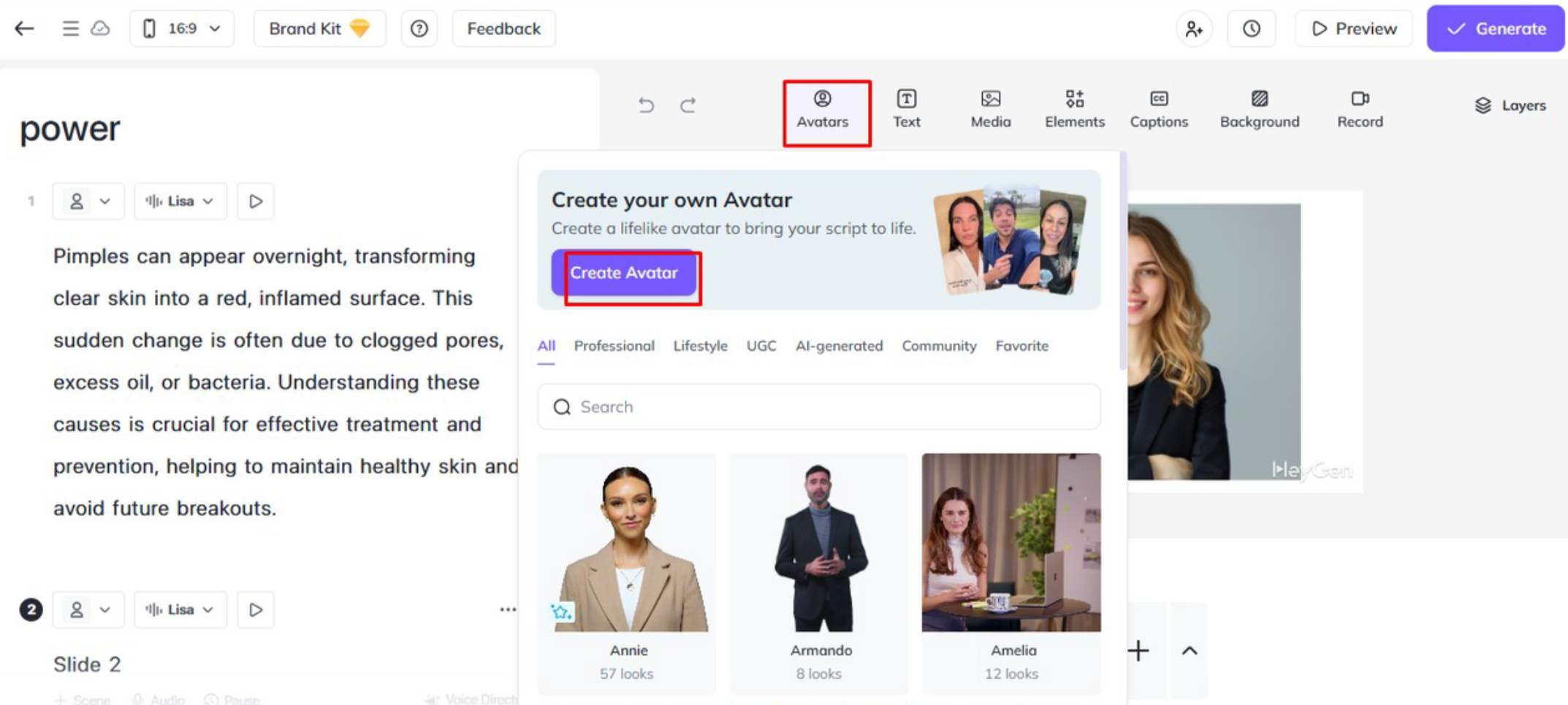 Auswahl von Avatar zur Konvertierung von PPT in Video