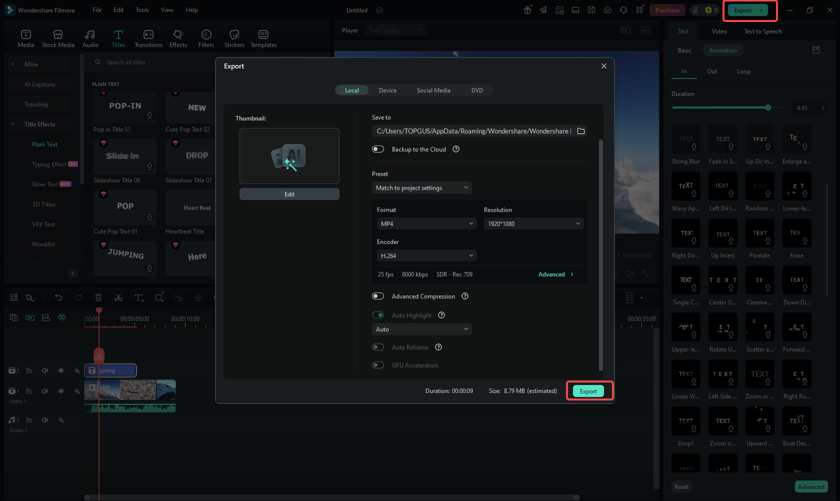Export the video with text animation
