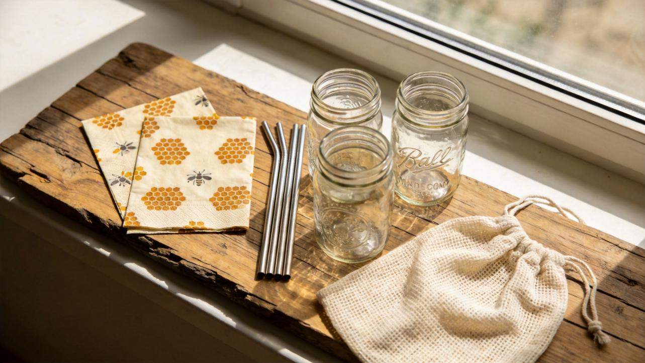 Reusable straws, glass jars, cloth napkins, and a mesh bag on a wooden board by a window