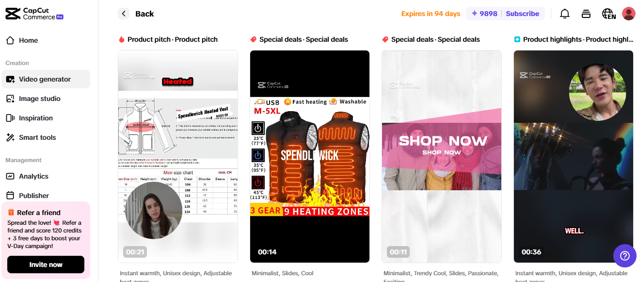 Ekran Pippit pokazujący narzędzia wzrostu eCommerce dla promocji kamizelek grzewczych i specjalnych ofert.