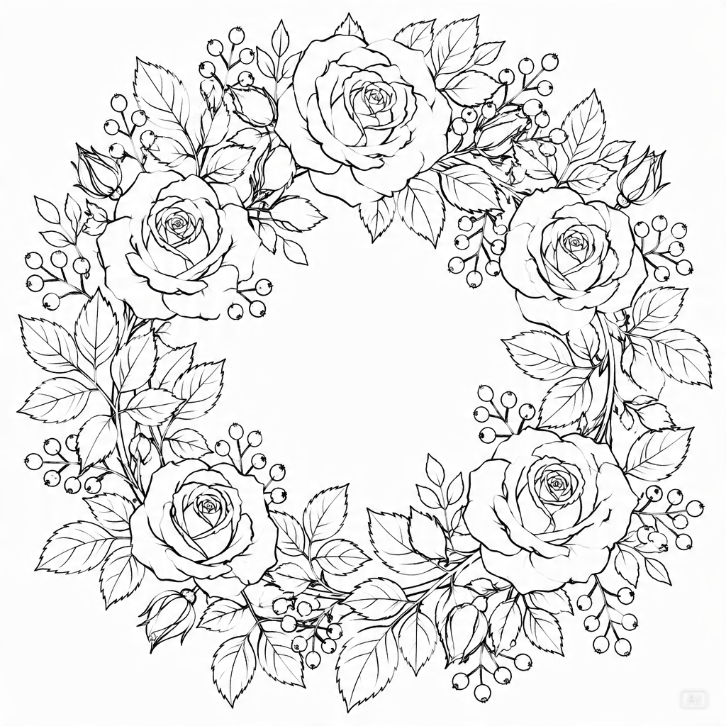 Floral wreath coloring page generated by Pippit