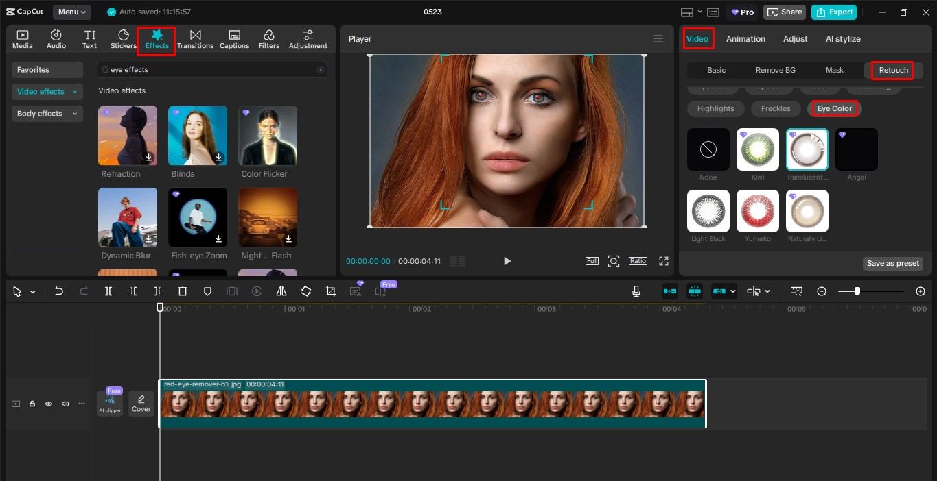 Changing eye color using the CapCut desktop video editor