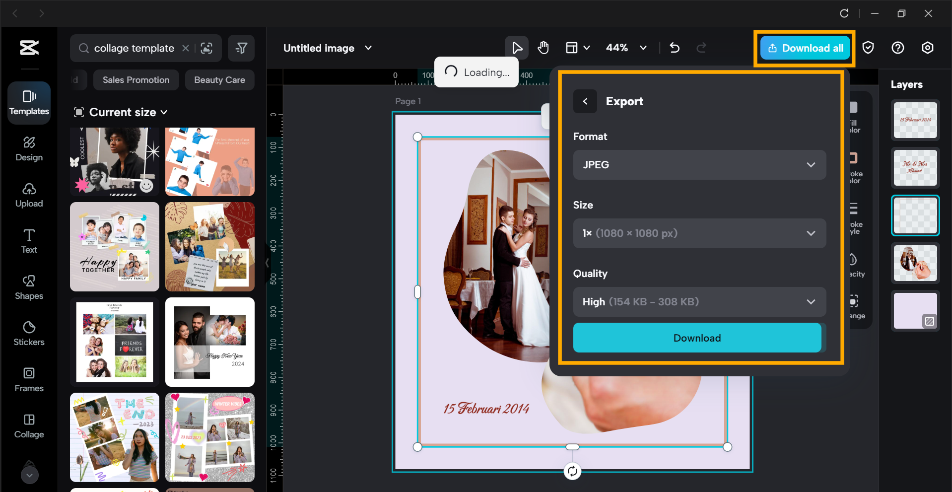 CapCut écran d'exportation avec collage prêt à être partagé
