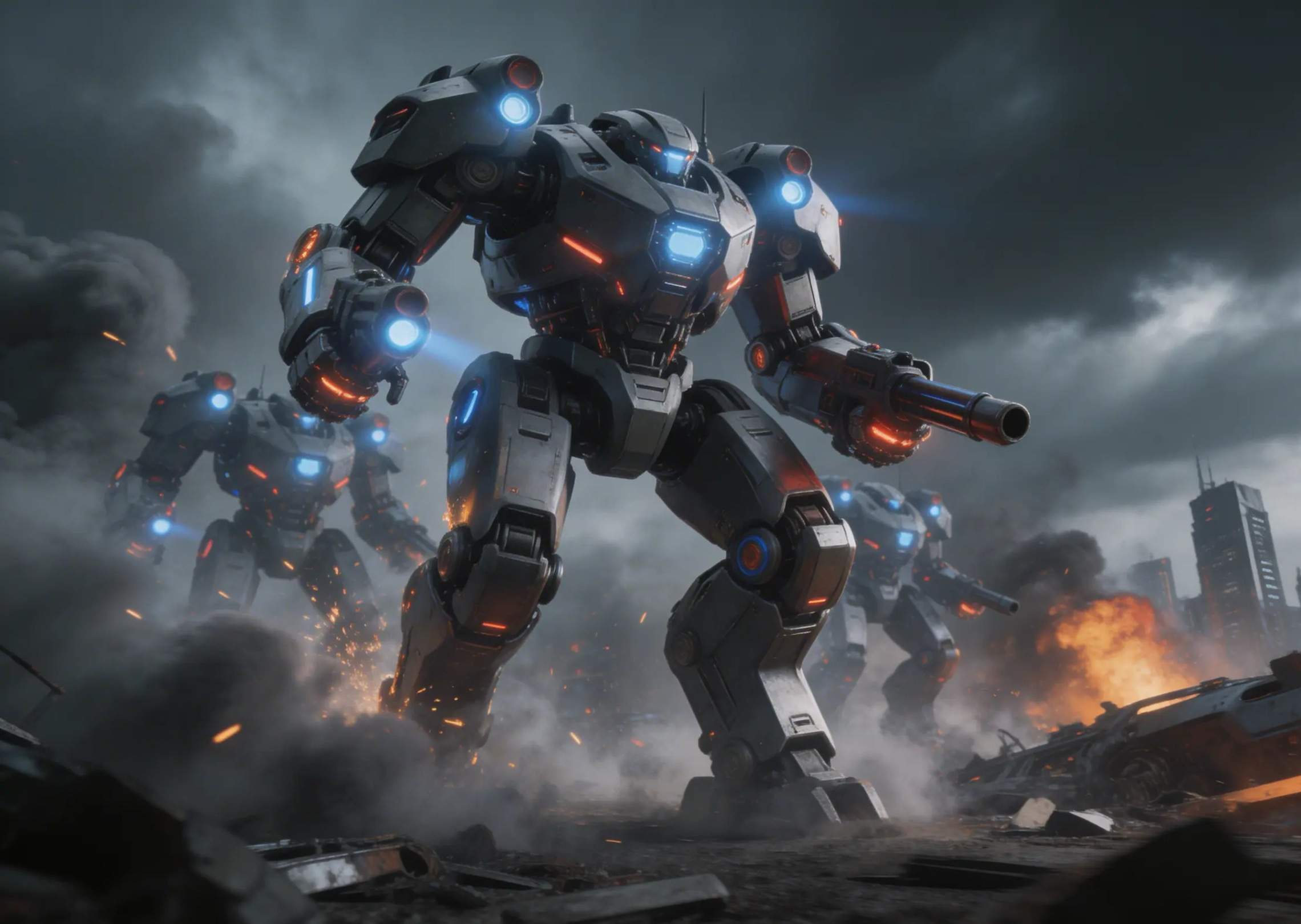 Ein futuristisches Schlachtfeld mit hoch aufragenden Mech-Robotern, die sich durch Rauch bewegen