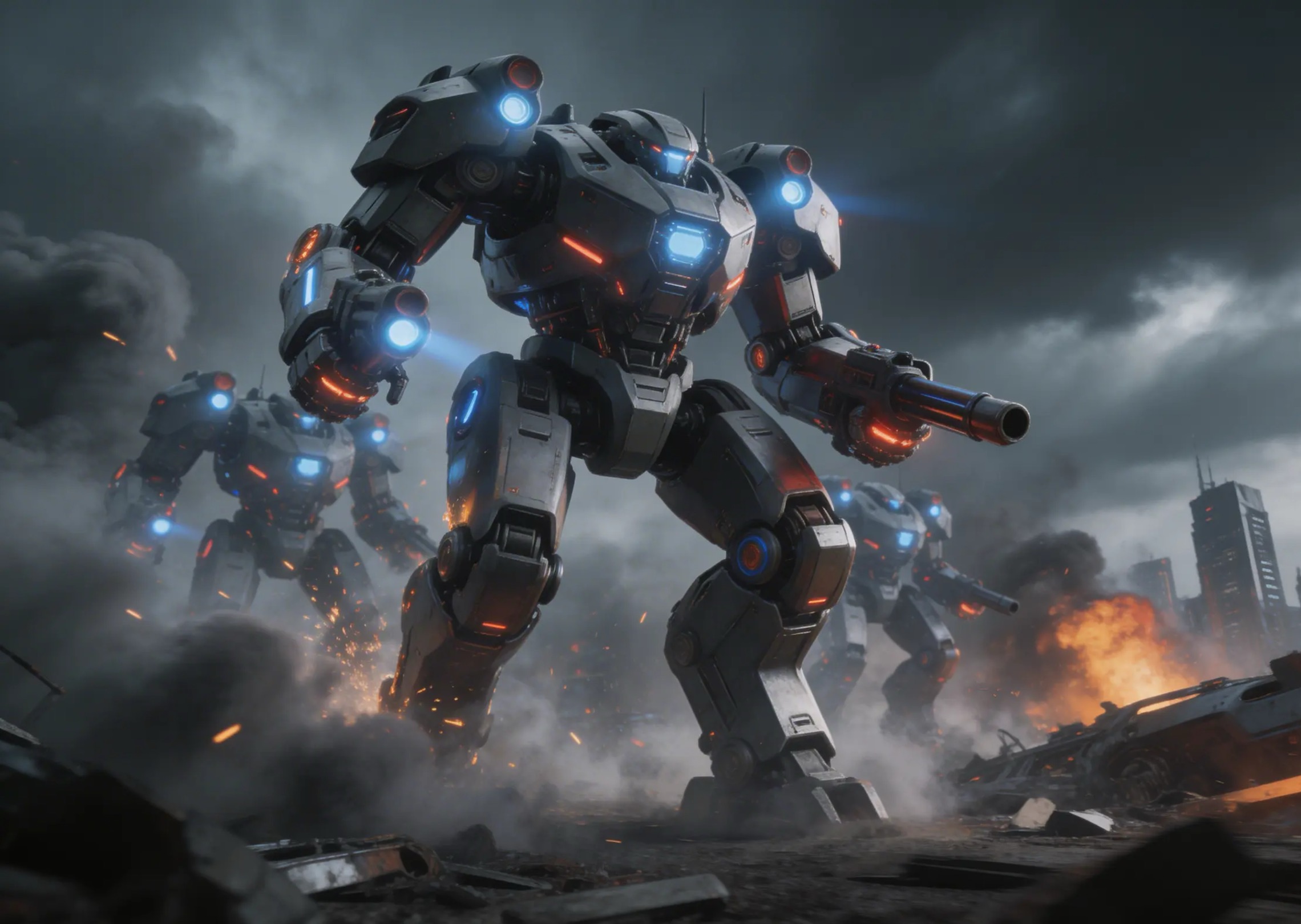 A futuristic battlefield with towering mech robots advancing through smoke