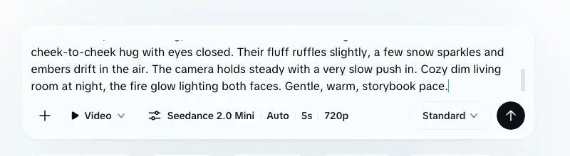 CapCut prompt box with text describing a cheek-to-cheek hug and fire glow