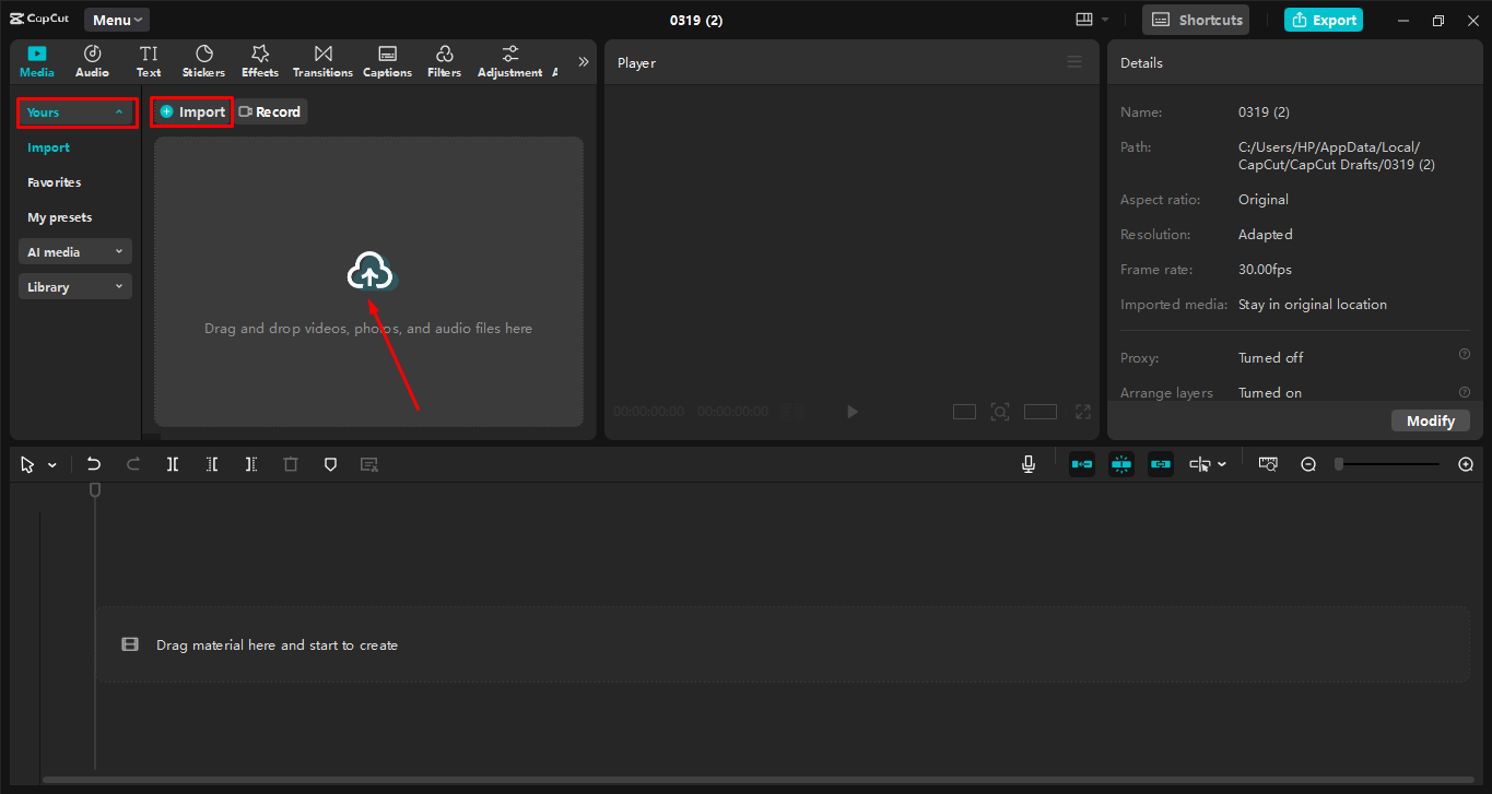 Uploading media to the CapCut desktop video editor