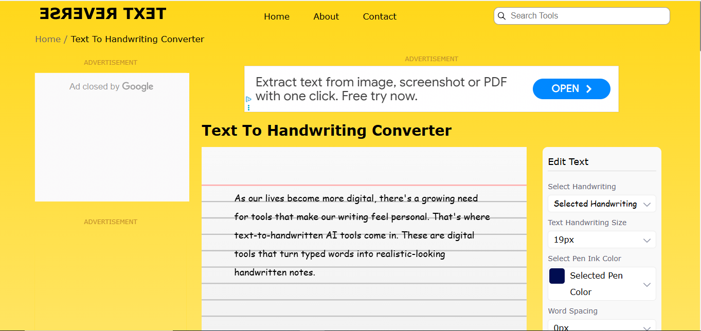 Interface of Reverse Text - ein zuverlässiges Werkzeug, um Text in Handschrift zu verwandeln