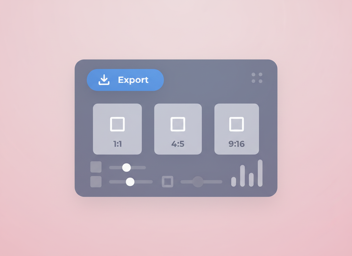 Export screen with abstract aspect ratio icons (1:1, 4:5, 9:16), clean generic UI on pink