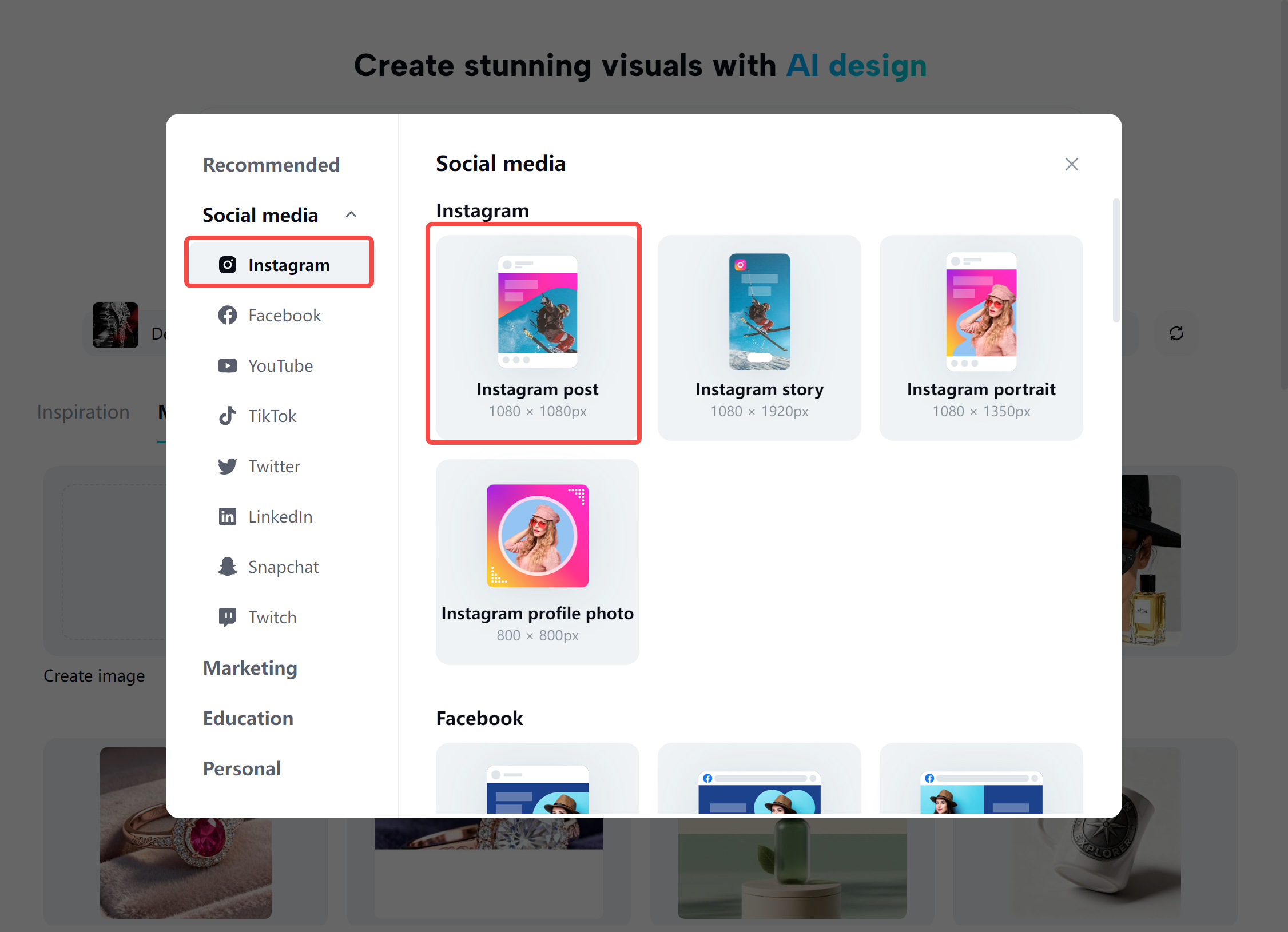 Selecting the Instagram post option in the CapCut desktop video editor