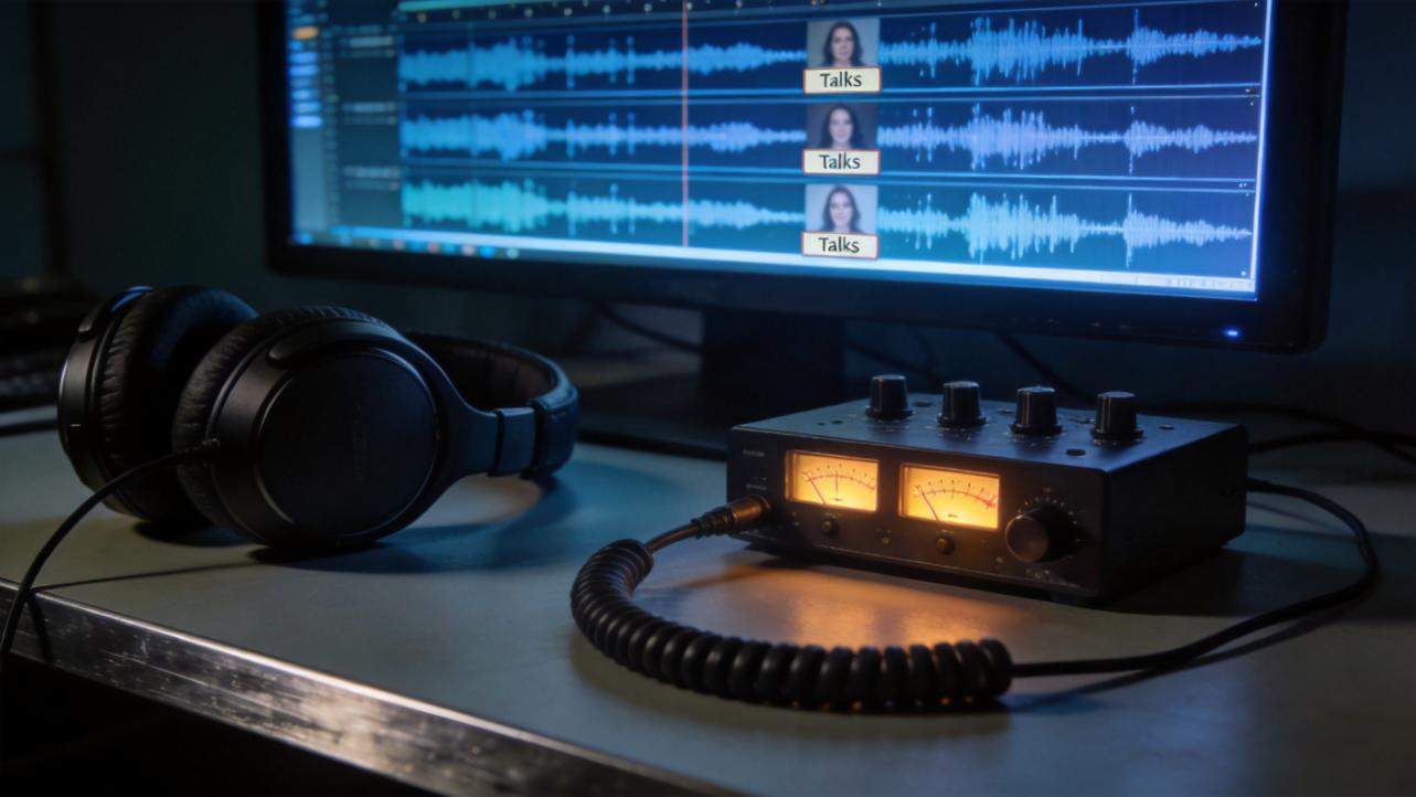 Headphones and audio mixer in front of a monitor showing voice waveform tracks