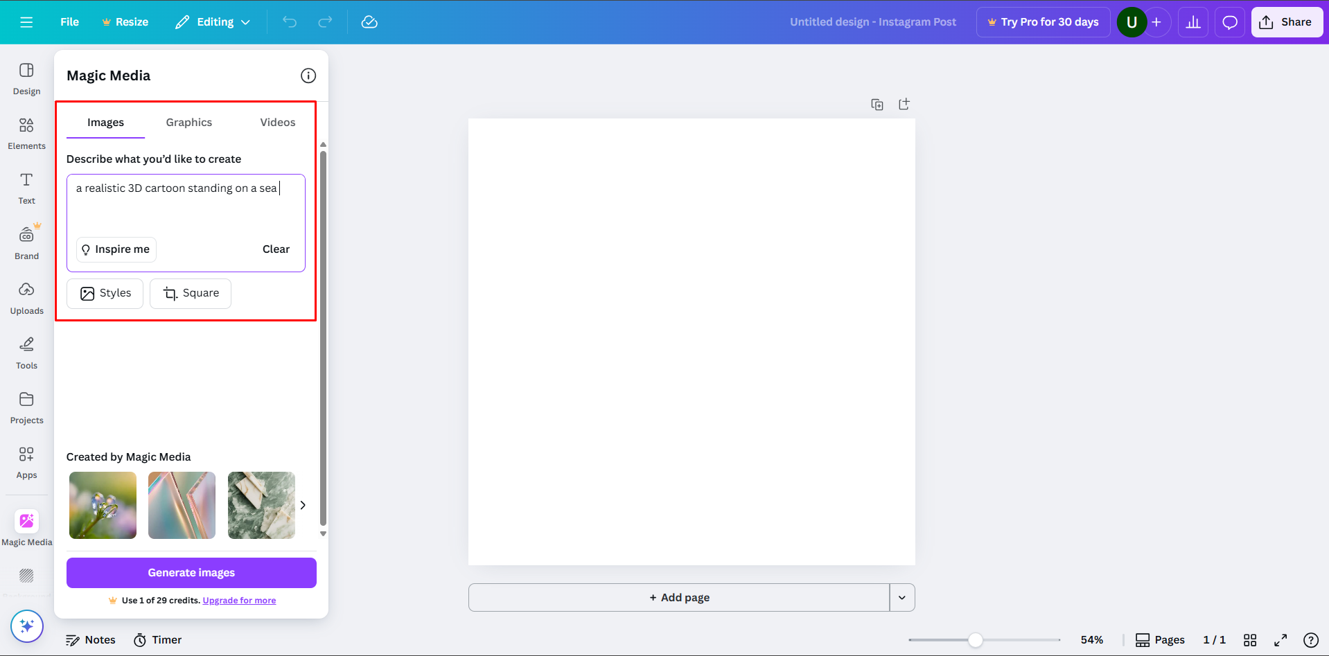 Writing a text prompt in Canva text to image
