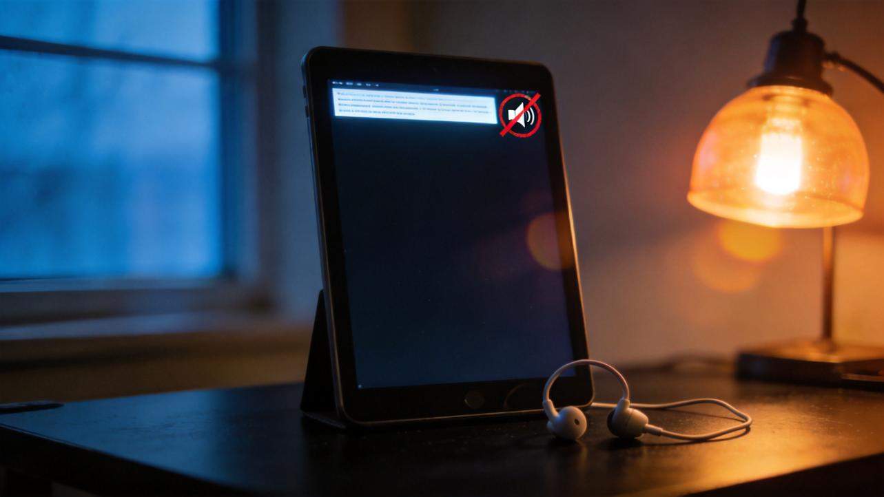 Tablet on a desk with a muted speaker icon and a line of text at the top, beside earbuds and a lit lamp
