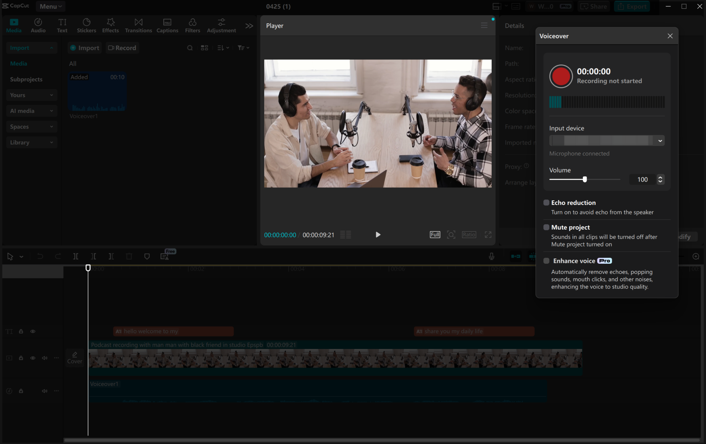 Antara muka CapCut editor video desktop - perakam audio dalaman profesional
