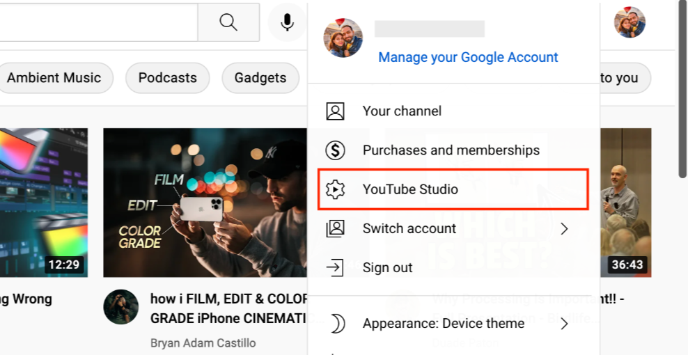 Access YouTube studio