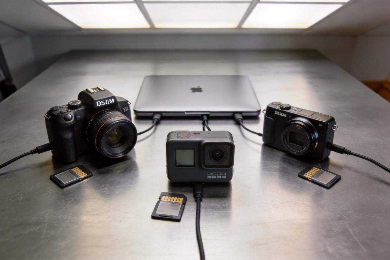 Laptop connected to two DSLR cameras and a GoPro on a table