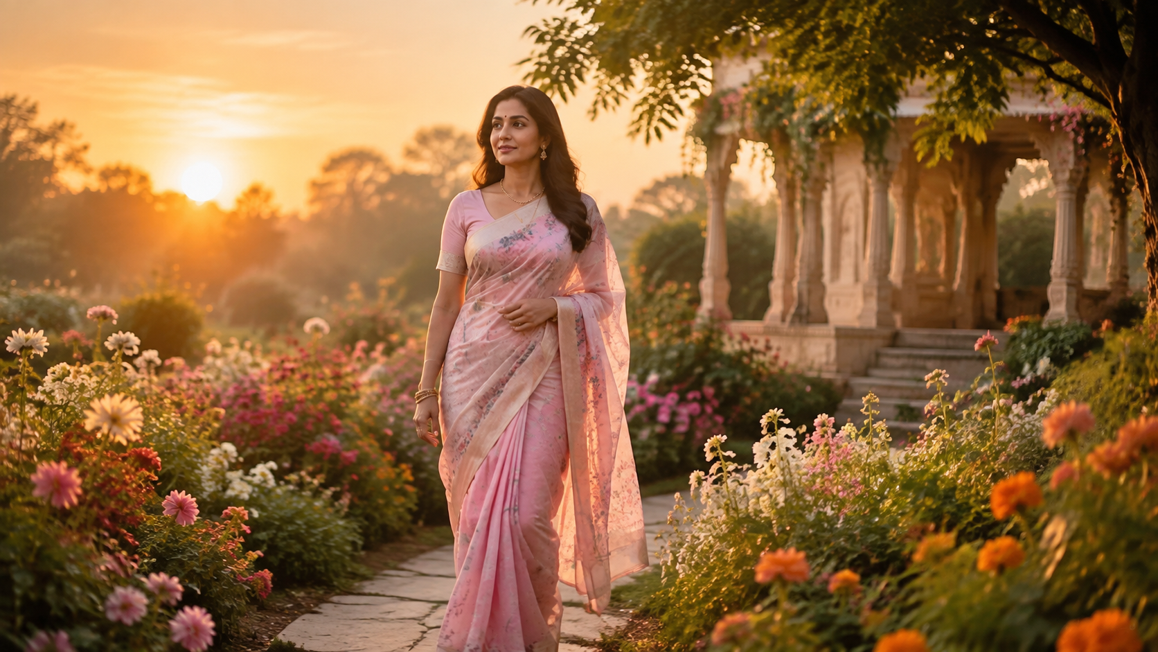 Pastel Sari in a Flower Garden for radha rani ai photo editing prompts 2026