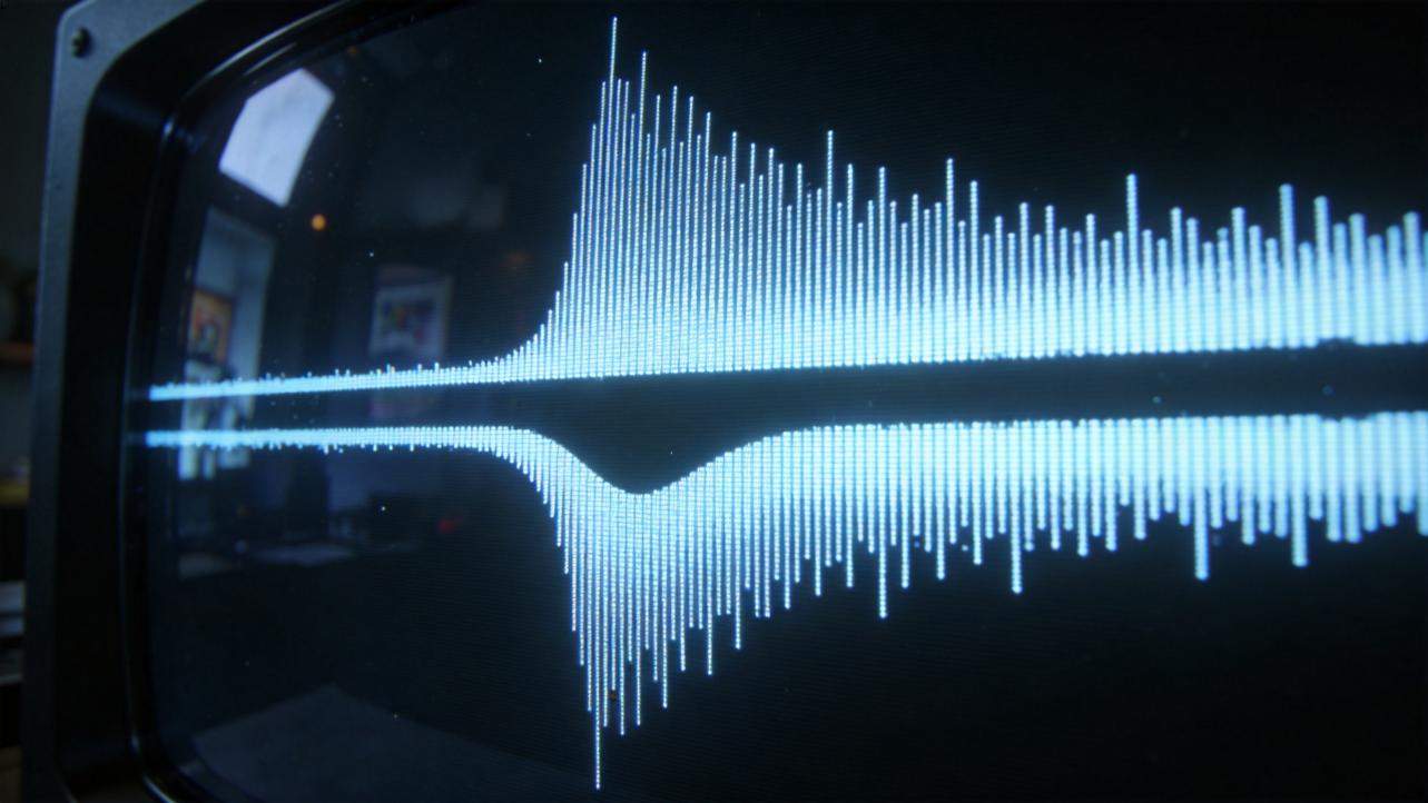 Blue audio waveform display on a dark screen with a dip in the middle