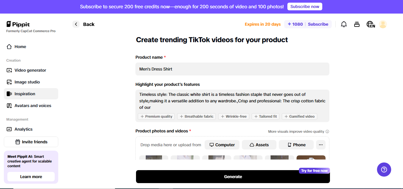 Options to enter video details before generating the TikTok video