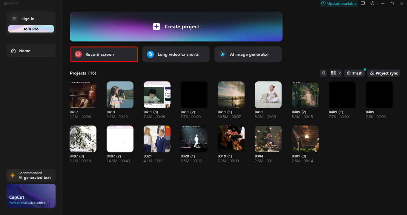 デスクトップビデオエディタCapCutでスクリーンレコーダーを起動する
